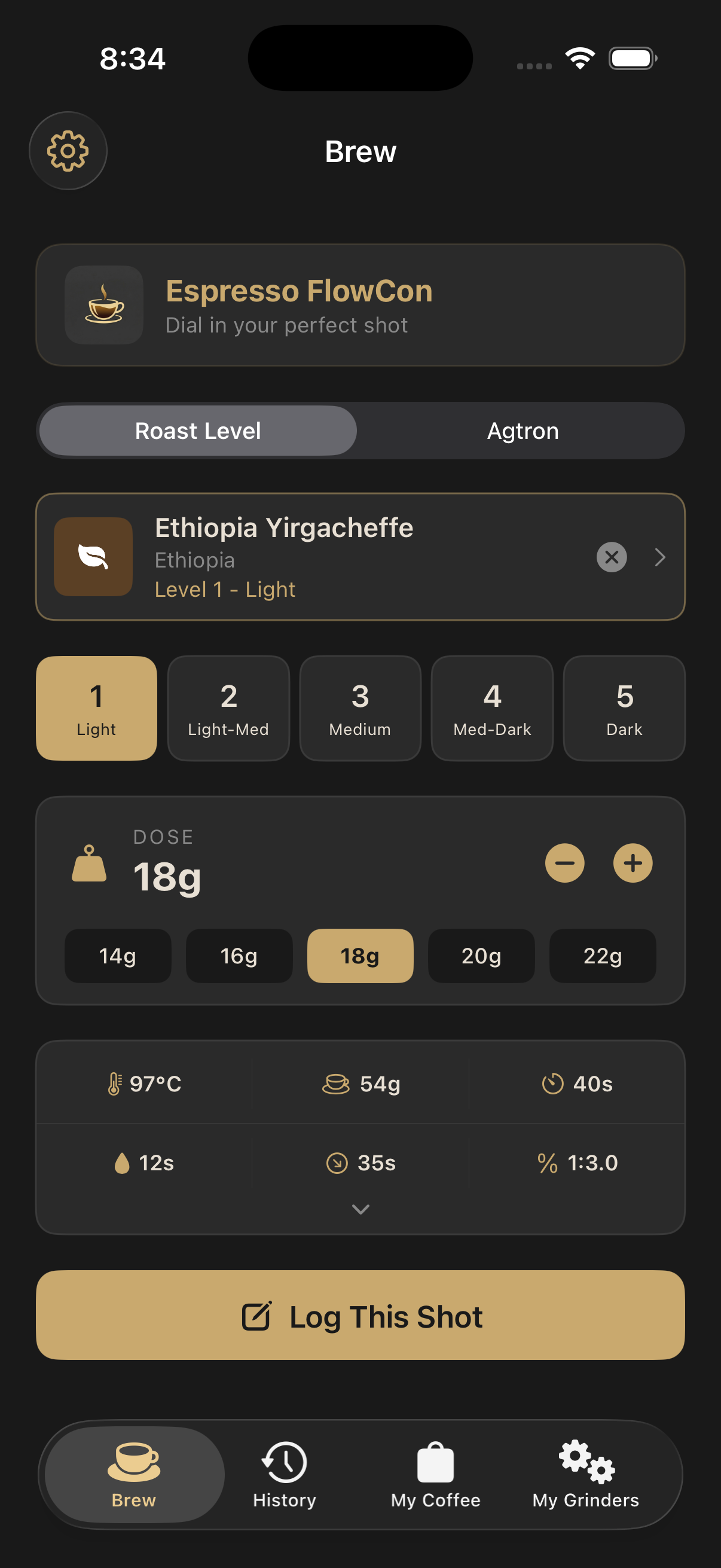 Espresso FlowCon roast level lookup